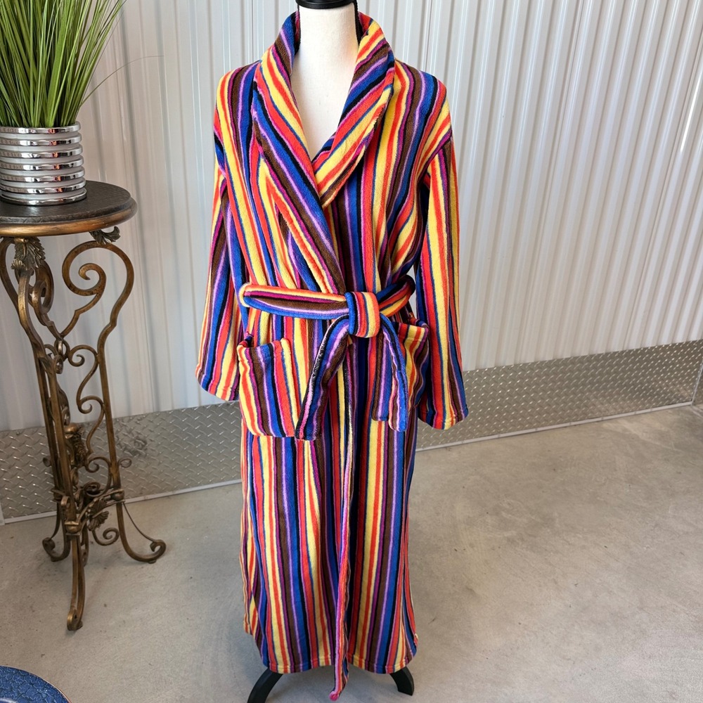 Alexander Del Rossa Robe Women Small Multi-Color Excellent Striped Fleece Plush